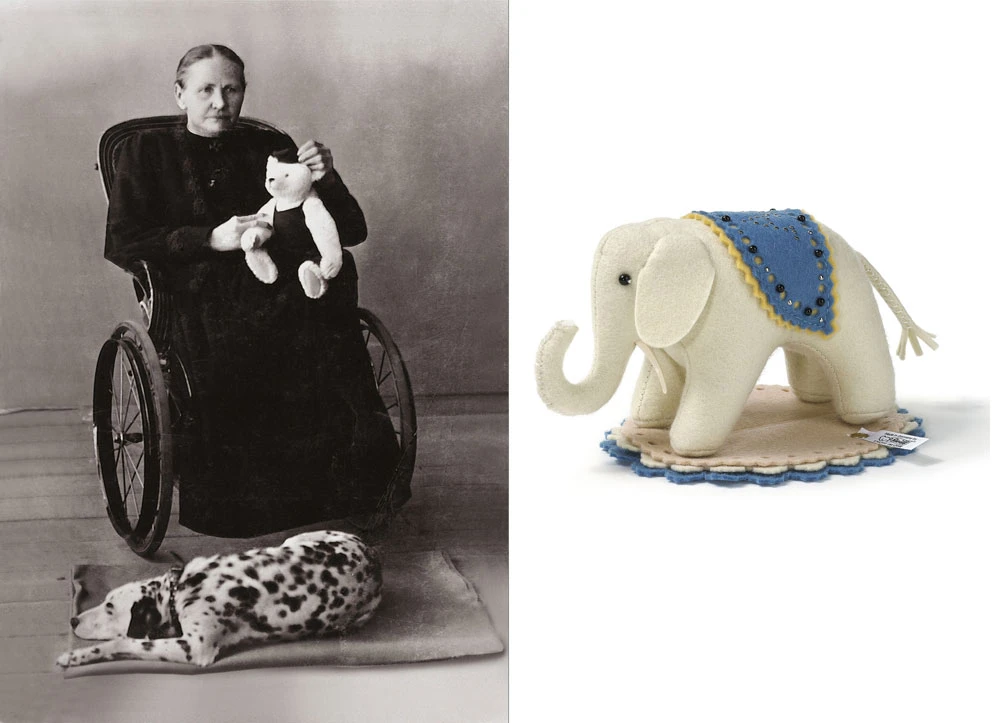 Margarete Steiff mit Teddybär und Nadelkissen in Form eines Elefanten