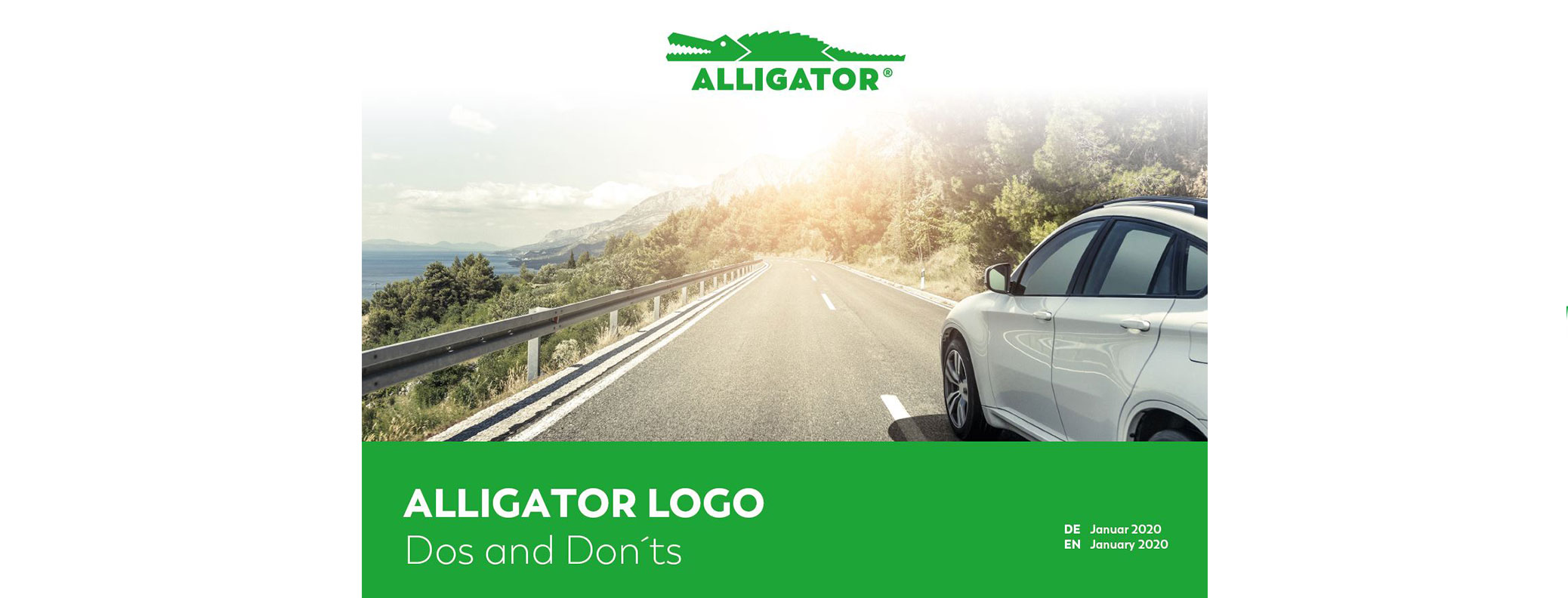 ALLIGATOR Design und Logo mit Auto auf Landstraße im Hintergrund